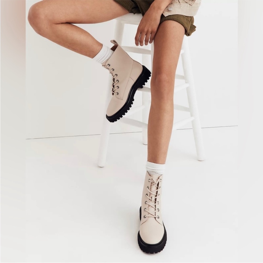 Madewell The Rayna Lace-Up Boot in Ivory Leather Lug Sole NG667 Size 8